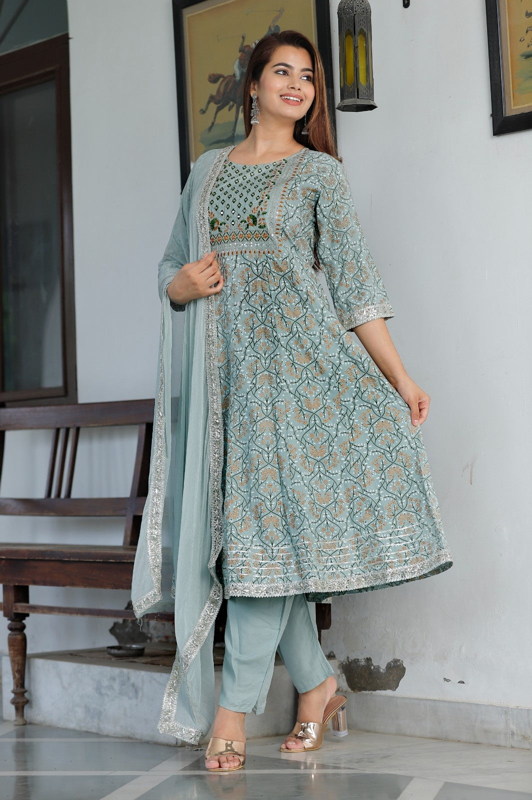 Women Rayon Kurta Pant Dupatta Set Grey