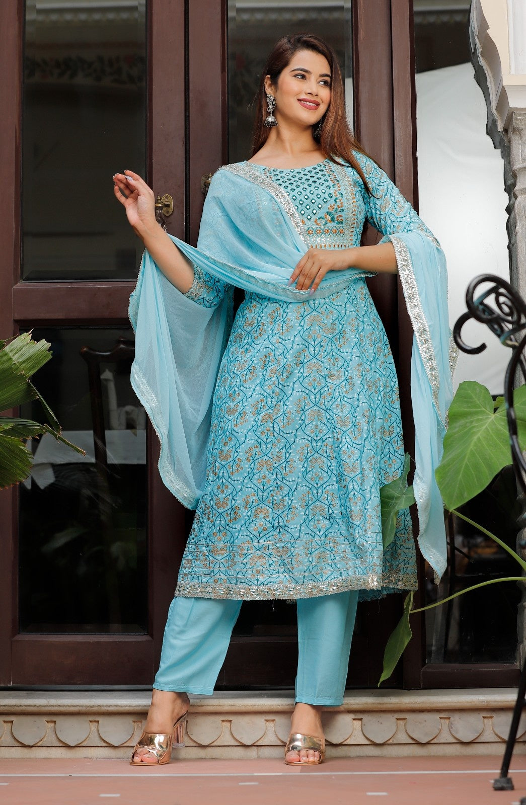 Women Rayon Kurta Pant Dupatta Set Sky Blue