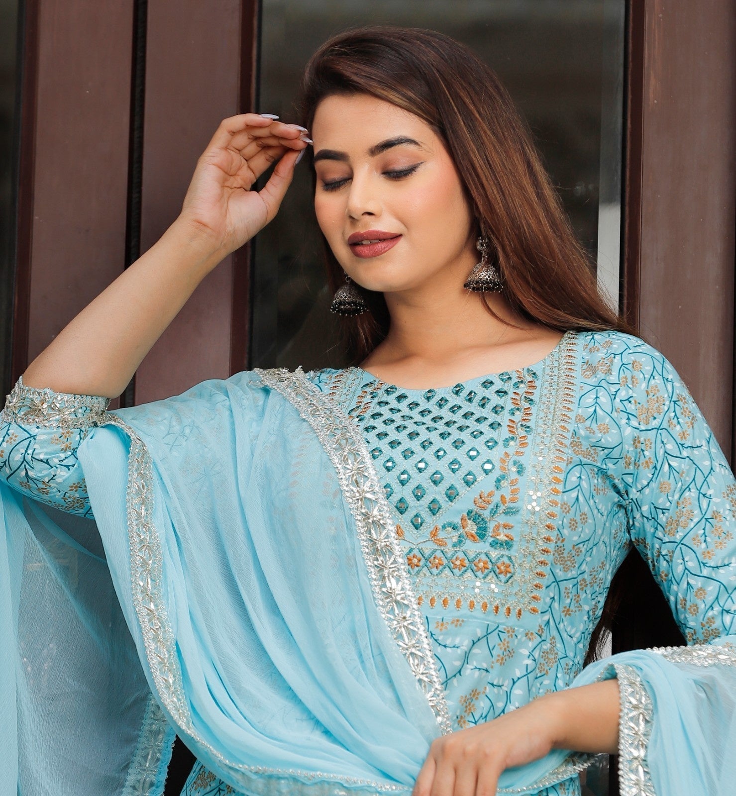 Women Rayon Kurta Pant Dupatta Set Sky Blue