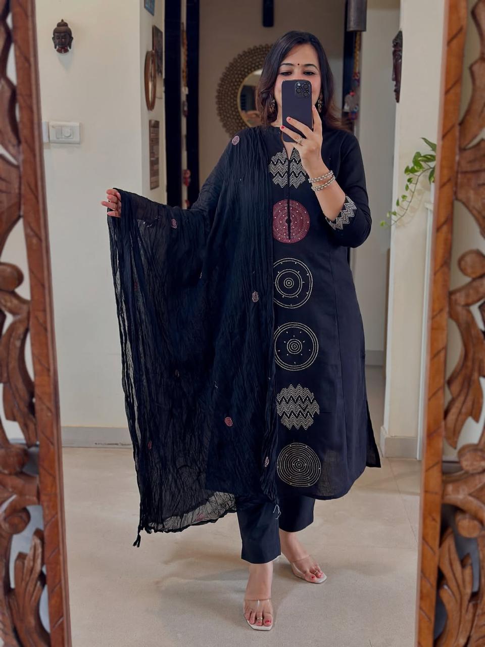 Blue Cotton Kurta with Geometric Embroidery Detailing