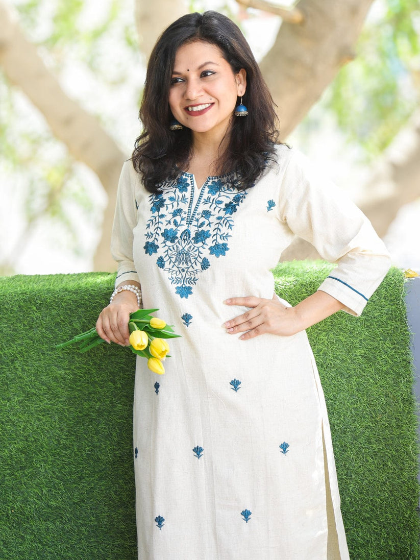 Cream White with Blue Thread Embroidery Neck Work Cotton Kurti