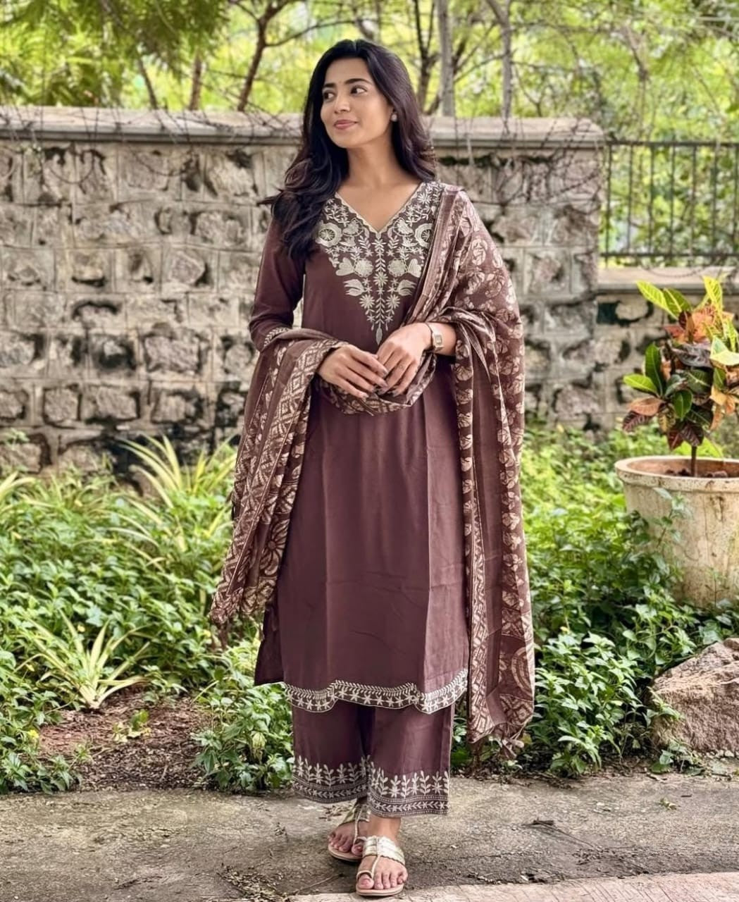 Brown Embroidered Cotton Kurta and Pant Set with Dupatta