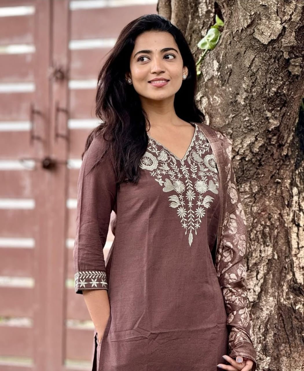 Brown Embroidered Cotton Kurta and Pant Set with Dupatta