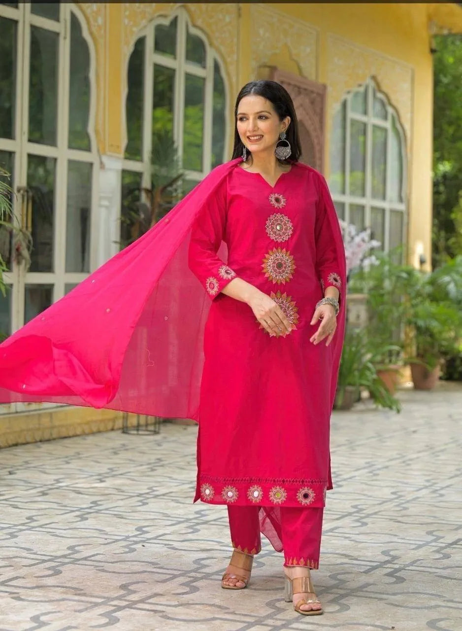 Beautiful Pure Cotton Kurta and pant With Duppata Set For Women's