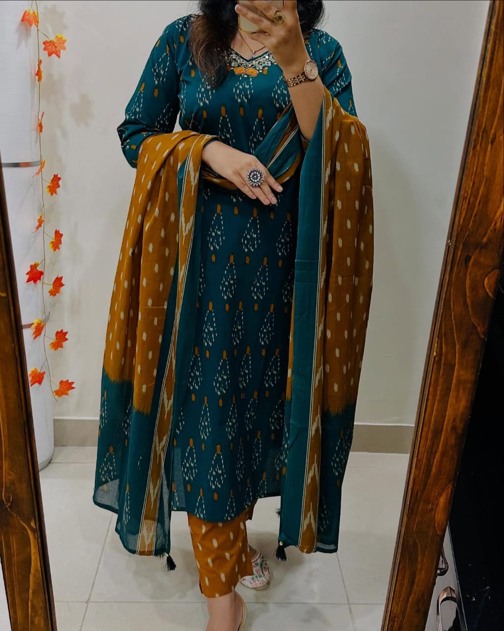 BlBA Premium Ajrak Cotton Suit Set – Teal & Mustard Ikat Print | Kurti, Pant & Dupatta
